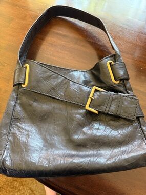 Kooba Black Leather Shoulder Bag with Gold Buckle Accents